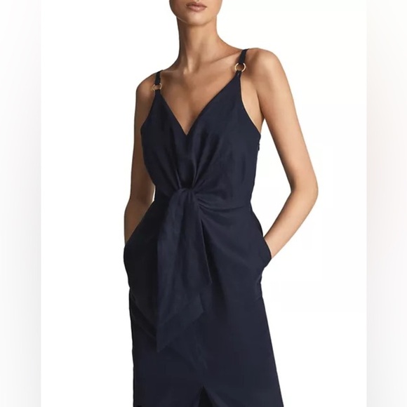 REISS Kay Tie Detail Navy Linen MIDI Dress Size 12 Quiet Luxury Preppy Wedding - Picture 4 of 16